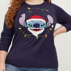 Torrid Disney Stitch Santa Glam Christmas Sweater Blue 1X